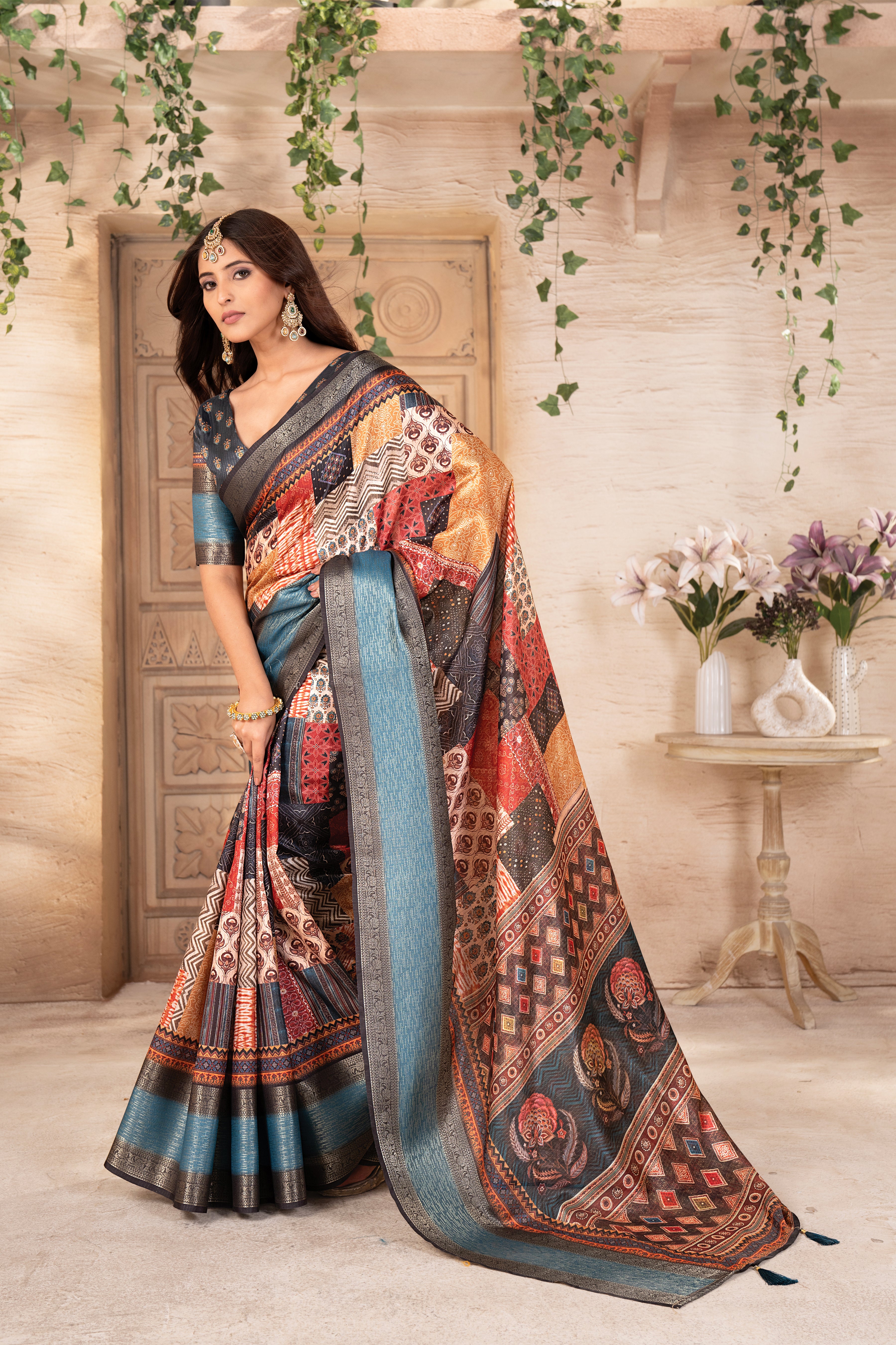 Pranamita Premium Silk Ajrak Digital Print Pashmina Saree